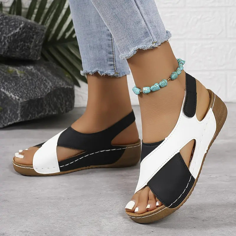Colorblock Crossed Wedges Sandals Summer Fashion Fish Mouth Platform Shoes