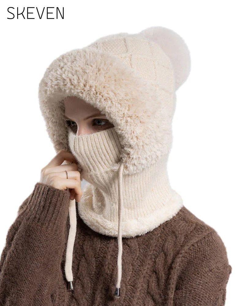 🔥Stylische, dicke Strickmütze für den Winter – mit warmem Gesichtsschutz und Schal🧣