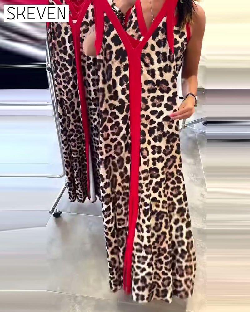 Sleeveless Elegant Leopard Print Contrast Dress