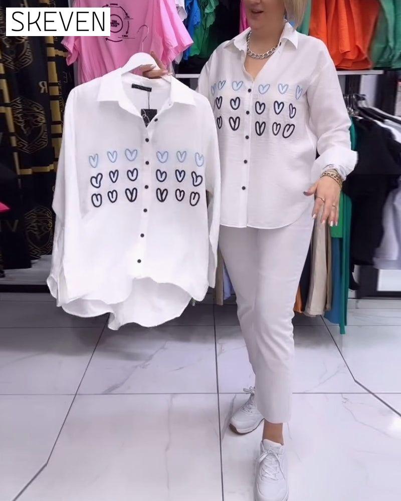 Heart print simple button shirt