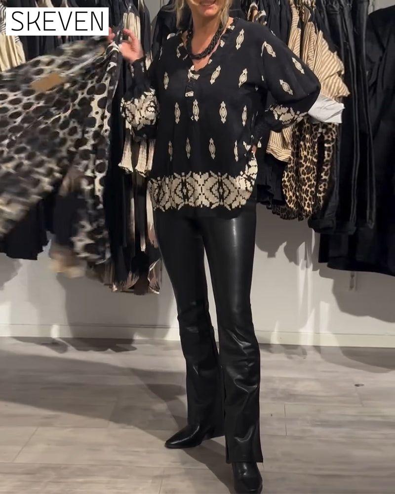 chemise imprimée à col en V et manches lanternes