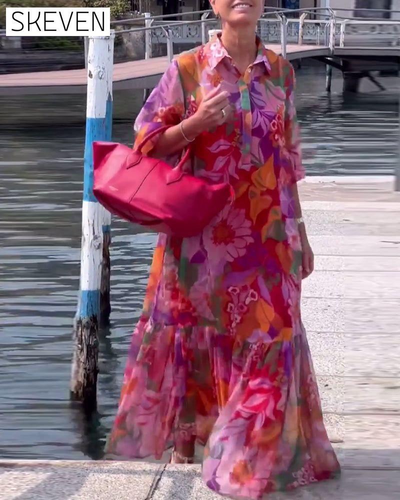 Colorful Printed Lantern Sleeve Loose Dress