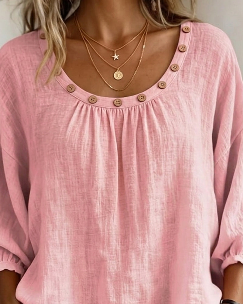 Crew Neck Button Loose Blouse