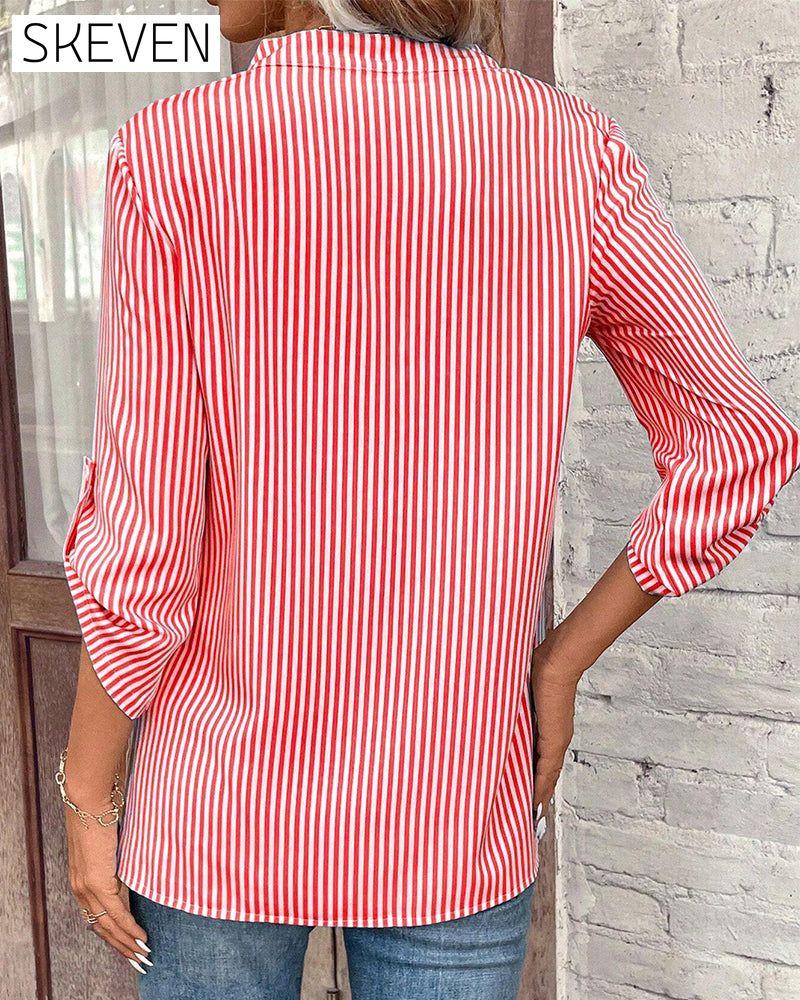 V-neck striped print casual blouse