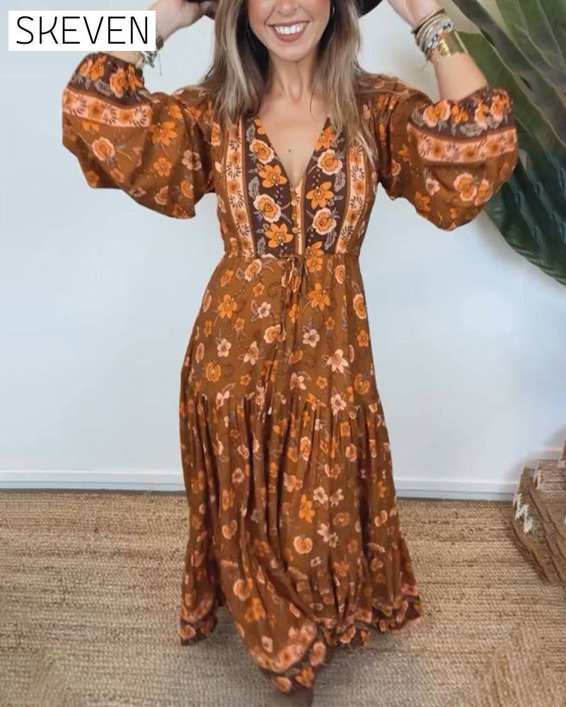 Vintage floral print V-neck lantern sleeve dress