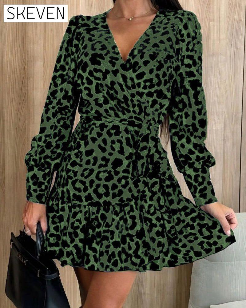 💖Black-Friday-Mega-Angebot💖Wickelkleid mit Leopardenmuster, V-Ausschnitt und Taillengürtel