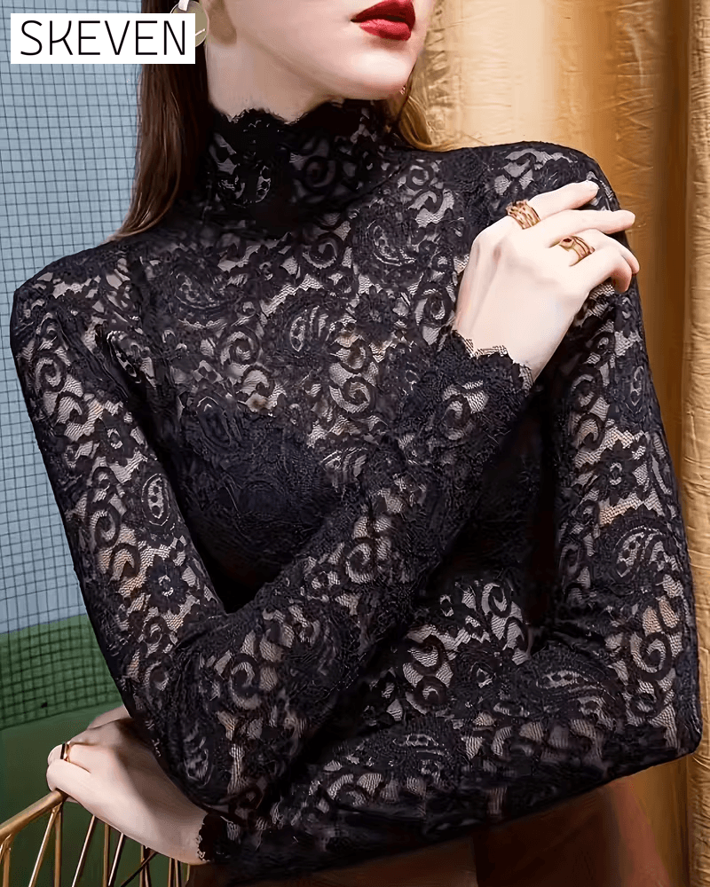 Elegant Solid Half Neckline Long Sleeve Lace Top