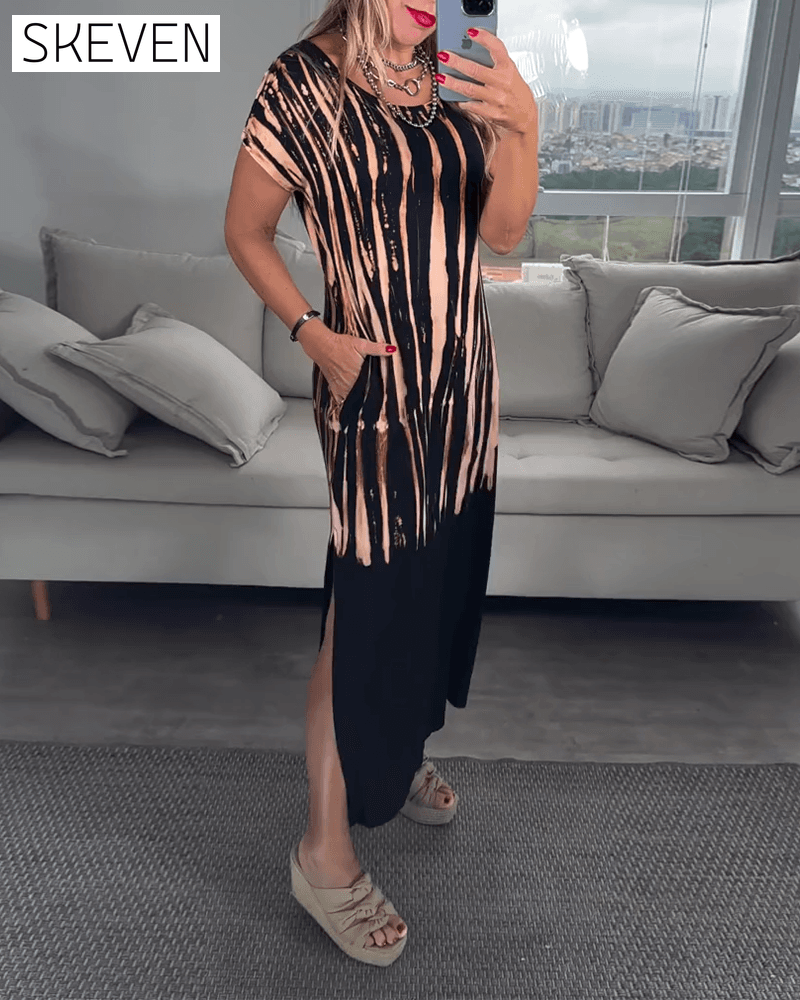 Casual Short-Sleeved Slit Round Neck Printed Dress