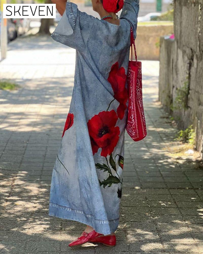 Casual floral print V-neck loose dress 202466 casual dresses spring summer