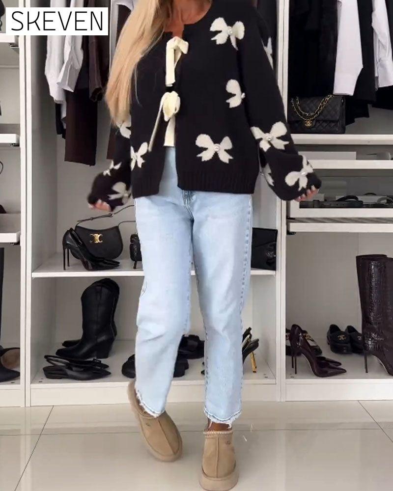 Bow beaded lace-up cardigan