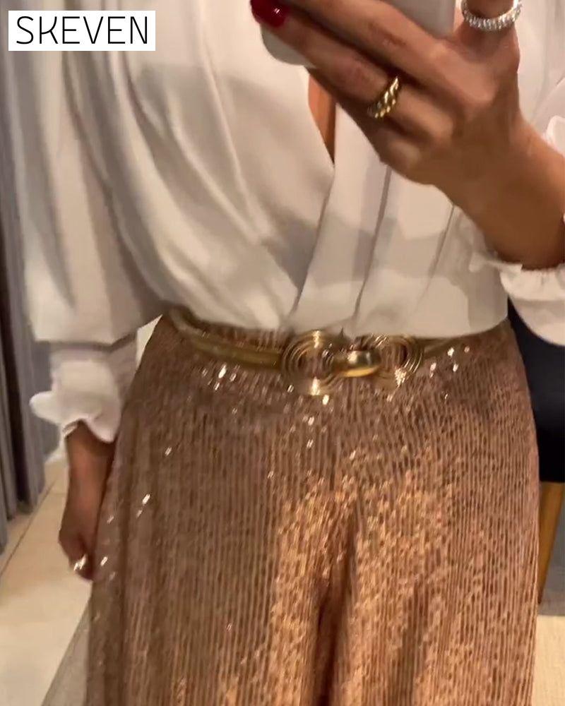 Elegant solid color V-neck lantern sleeve blouse