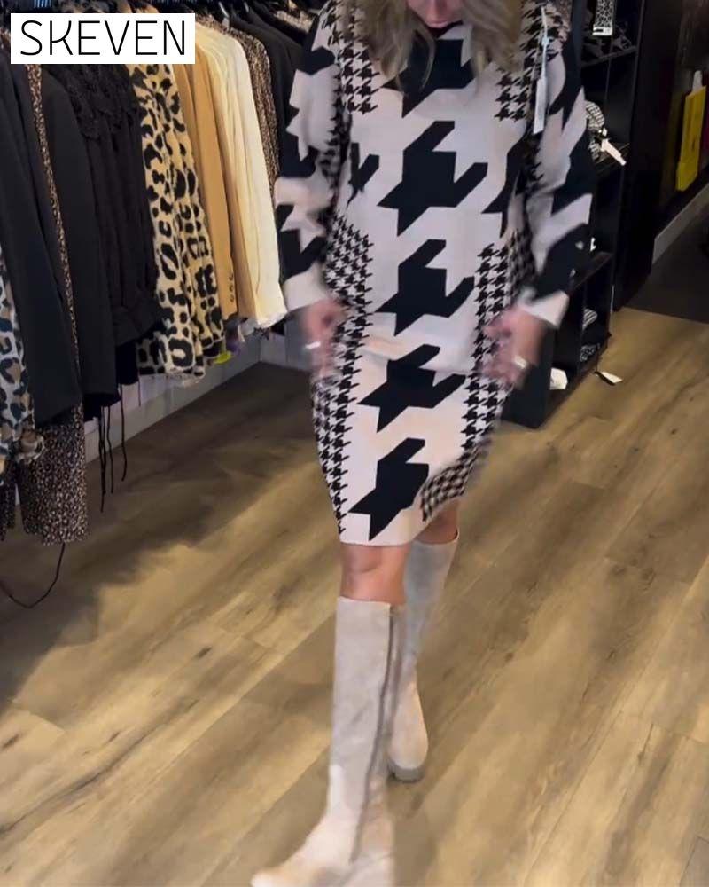Houndstooth long sleeve dress
