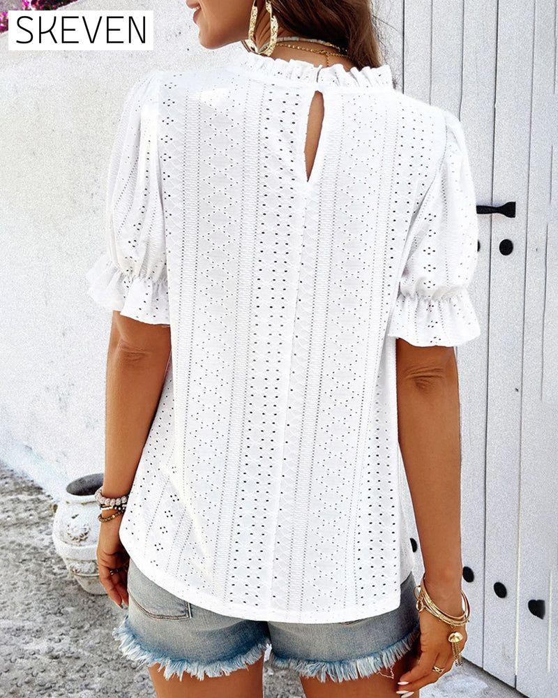 Short-sleeved solid color hollow top