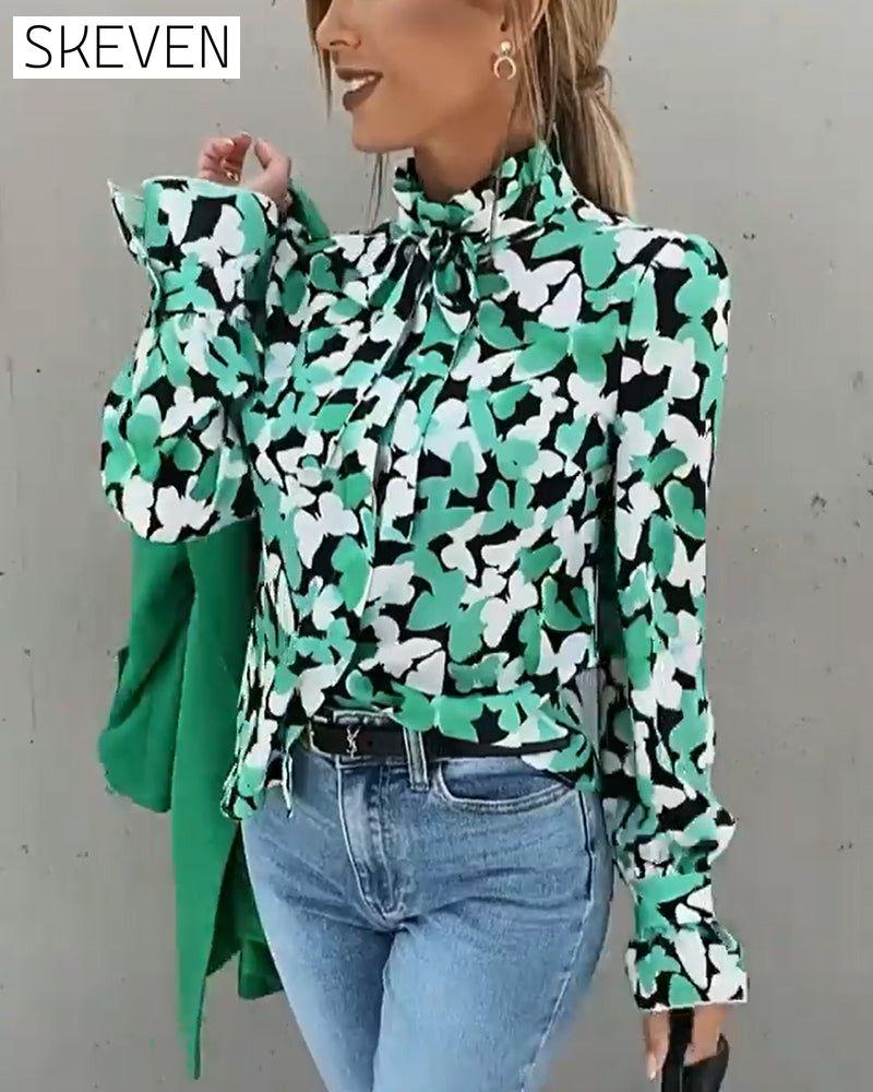Butterfly print stand collar long sleeve shirt