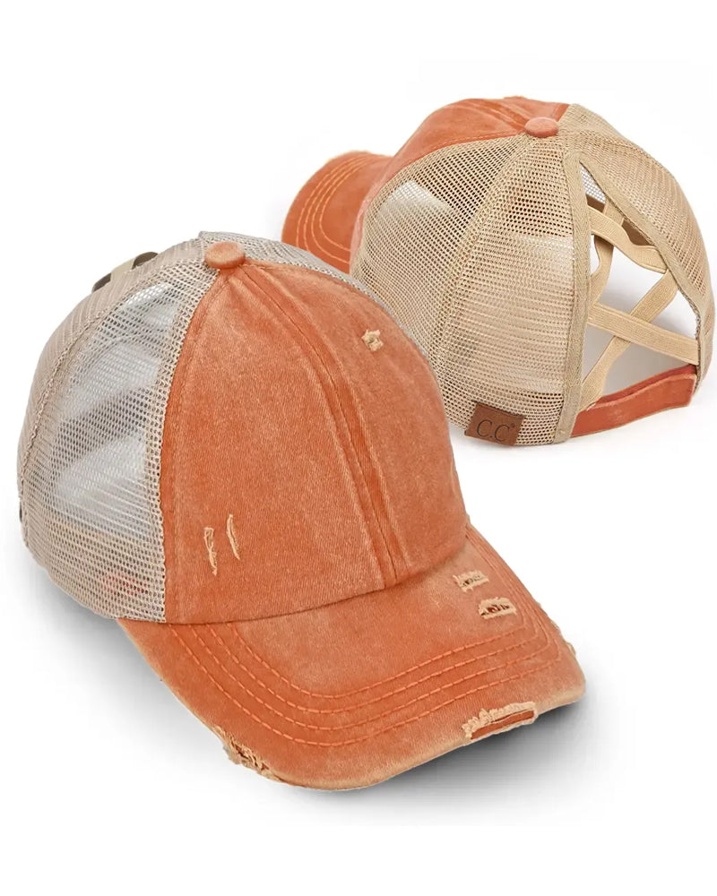 Adjustable Criss-Cross Back Distressed Denim Baseball Cap
