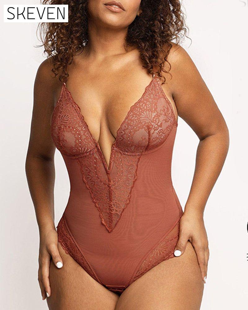 Deep-V Neck Lace Shapewear Bodysuit