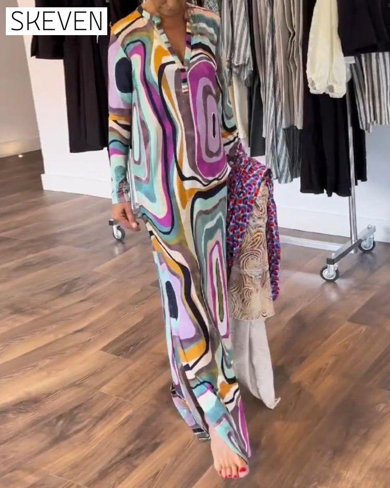 Deep V printed long hem dress