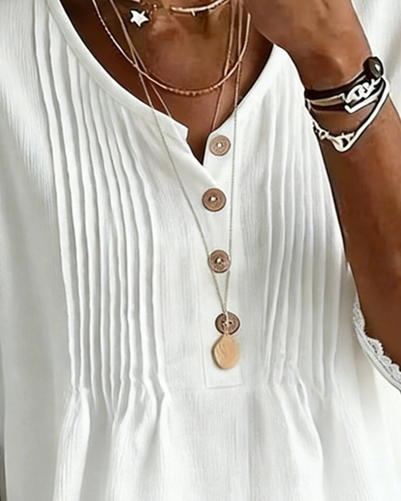 Pleated Button Lace Half Sleeve Blouse