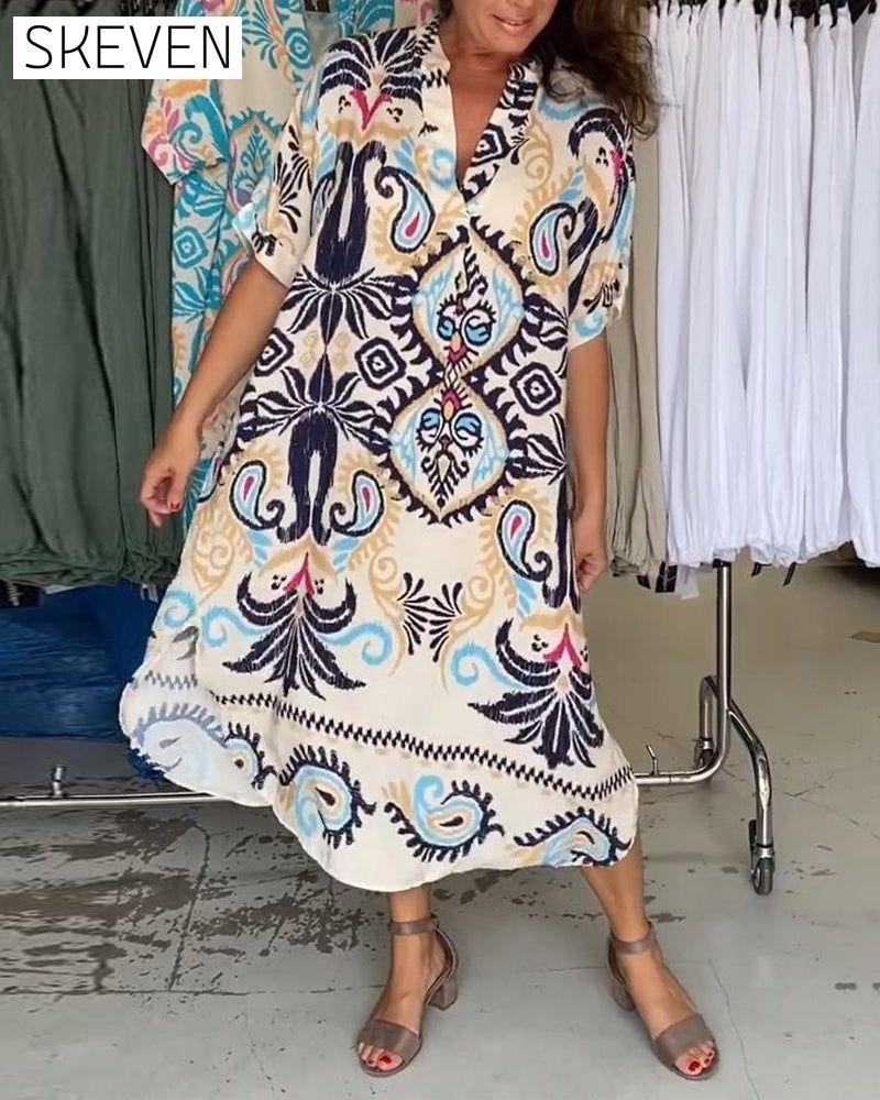 V-neck half-sleeved bohemian loose dress