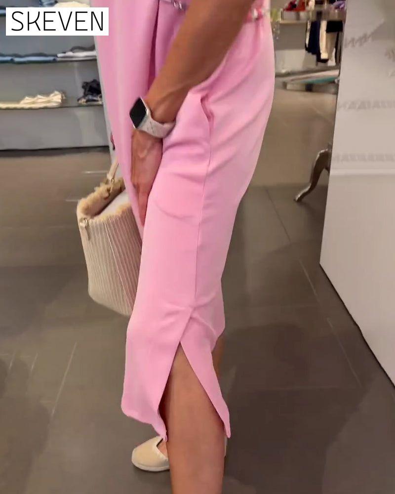 Robe décontractée fendue à manches en V et col en V, manches en feuille de lotus