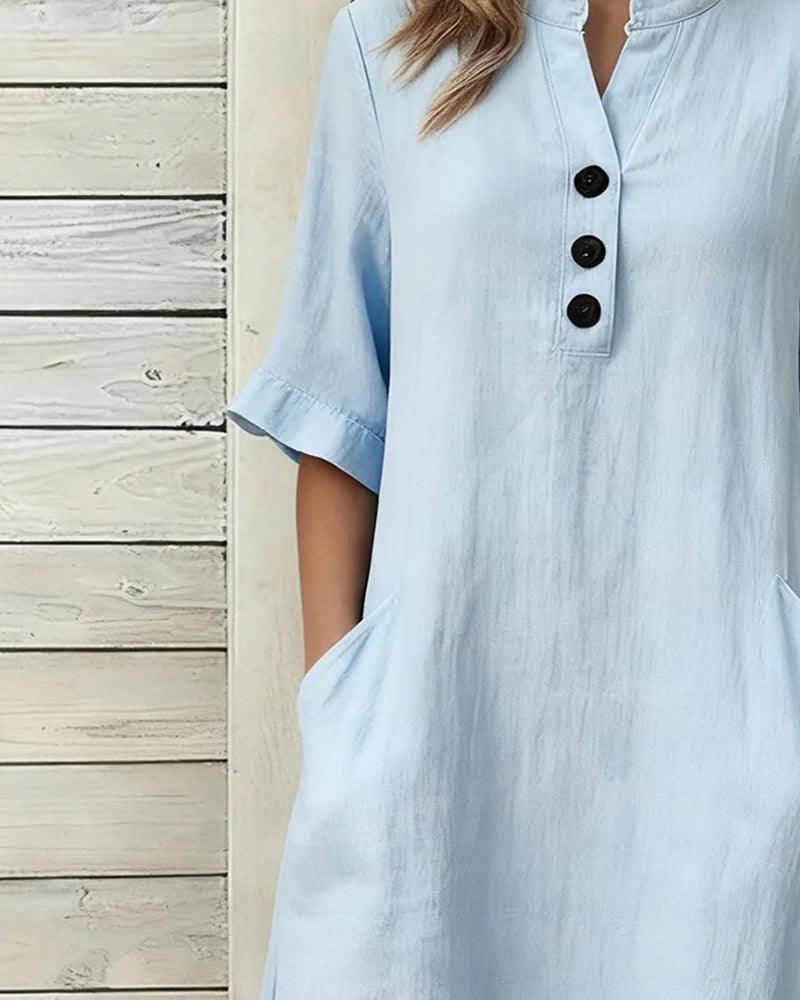 Linen Stand Collar Mid Sleeve Dress