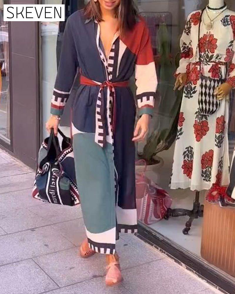 robe décontractée à revers lacé et imprimé color block