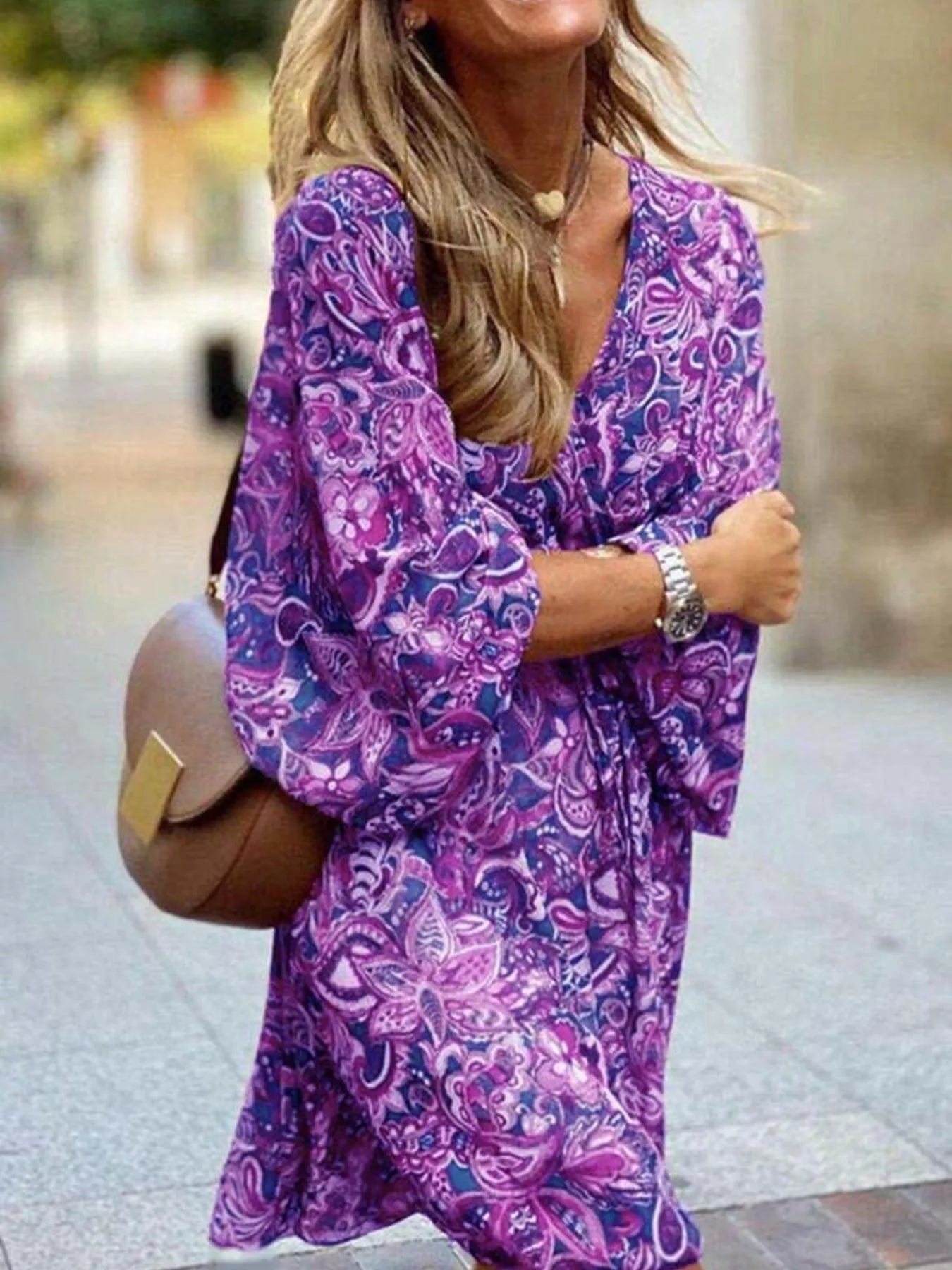 Full Size Paisley Print Long Sleeve Mini Dress Plus Size