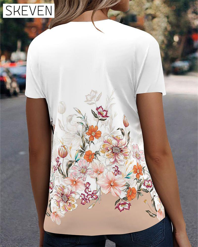 Bedrucktes, lässiges Kurzarm-T-Shirt mit V-Ausschnitt