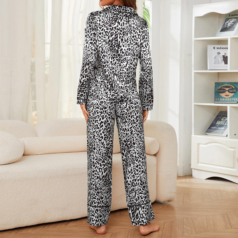 Leopard-print Lapel Viscose Long-sleeve Top And Pants Two-piece Loungewear Set