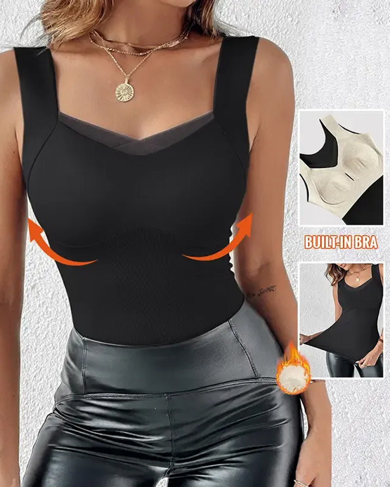 Square Neck Solid Built In Bra Tank Top