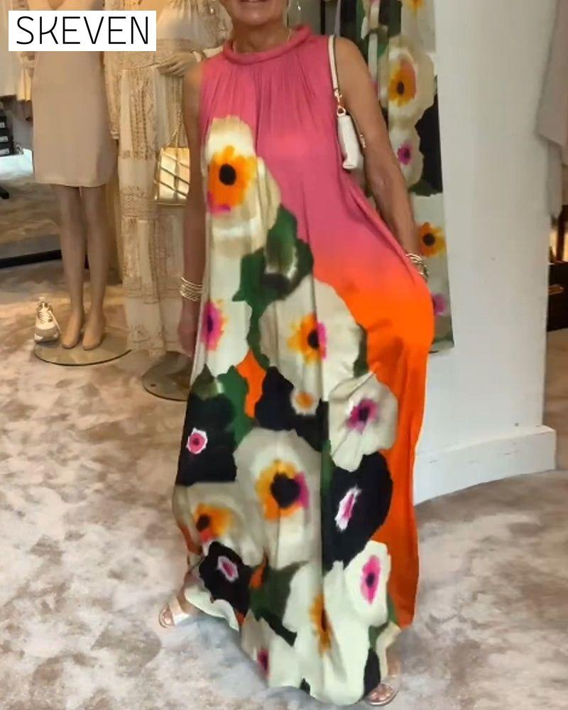 Sleeveless floral print casual long dress