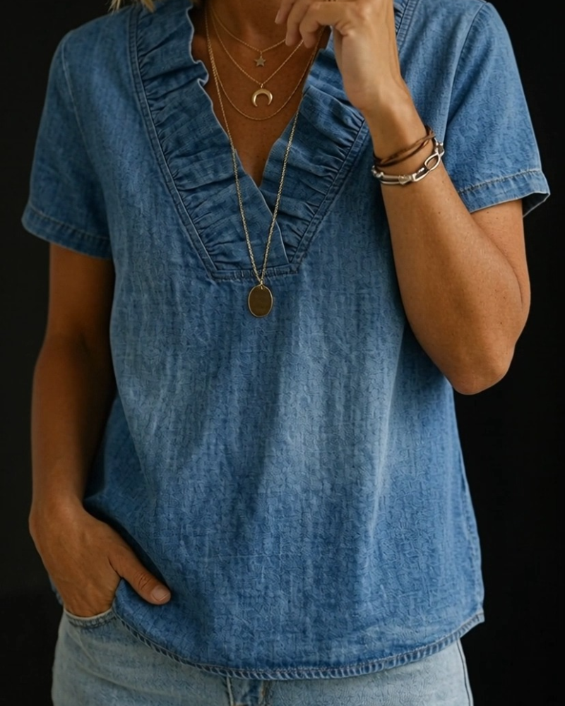 Ruffled V-Neck Denim Blouse