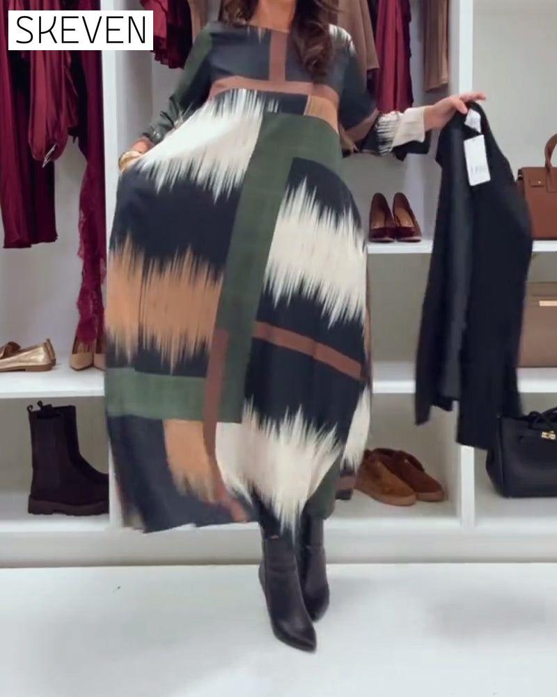 Modisches bedrucktes Kleid mit Rundhalsausschnitt und langen Ärmeln