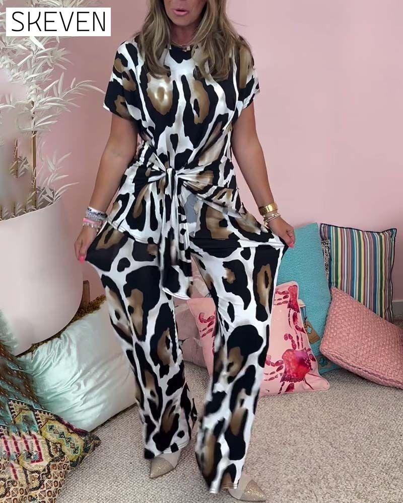 Leopard print lace-up casual two-piece set