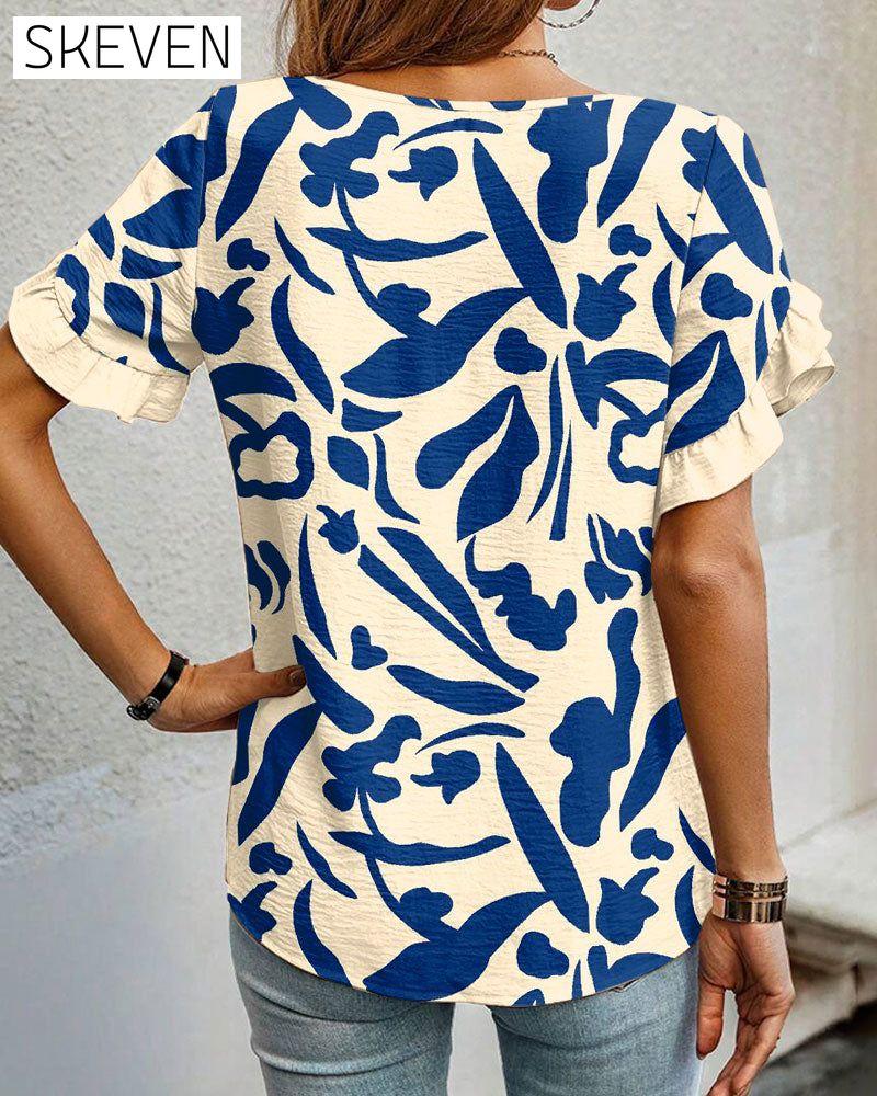 Round Neck Printed Ruffled Blouse