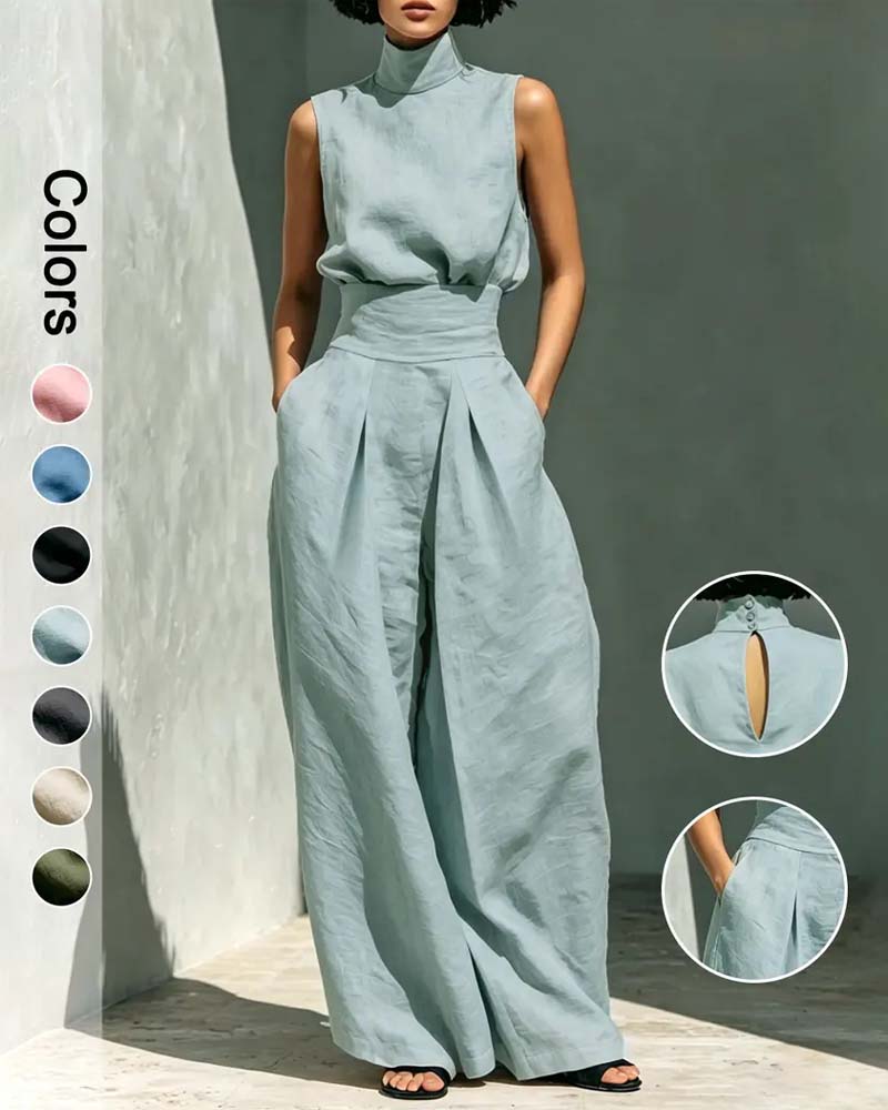High Neck Sleeveless Wide Leg Waist Jumpsuit