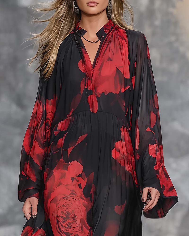 Temperament Loose Rose Print Long Dress