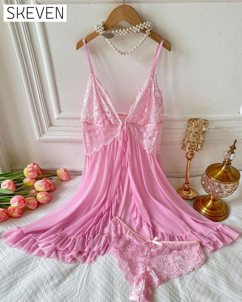 Ladies' Sexy Ruffle Trim Lace Cami Nightdress & Bow Decor Panty Set