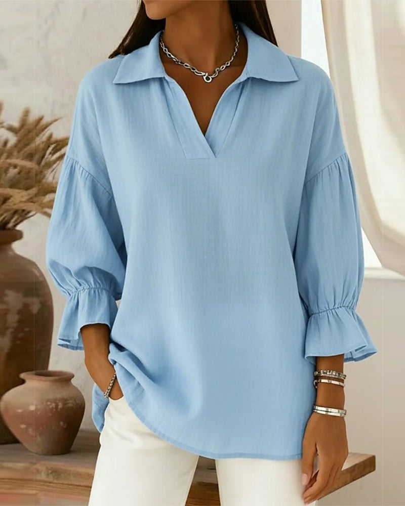 Turn-Down Collar Drop Shoulder Puff Sleeve Blouse