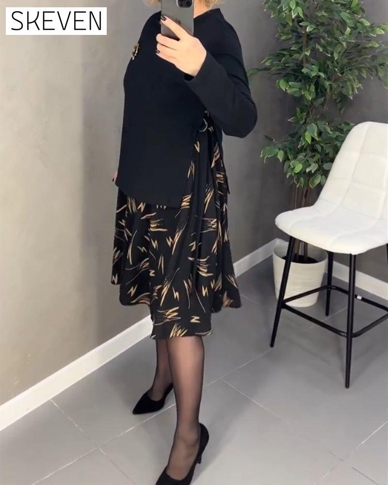 Casual Loose Print Dress with Round Neck