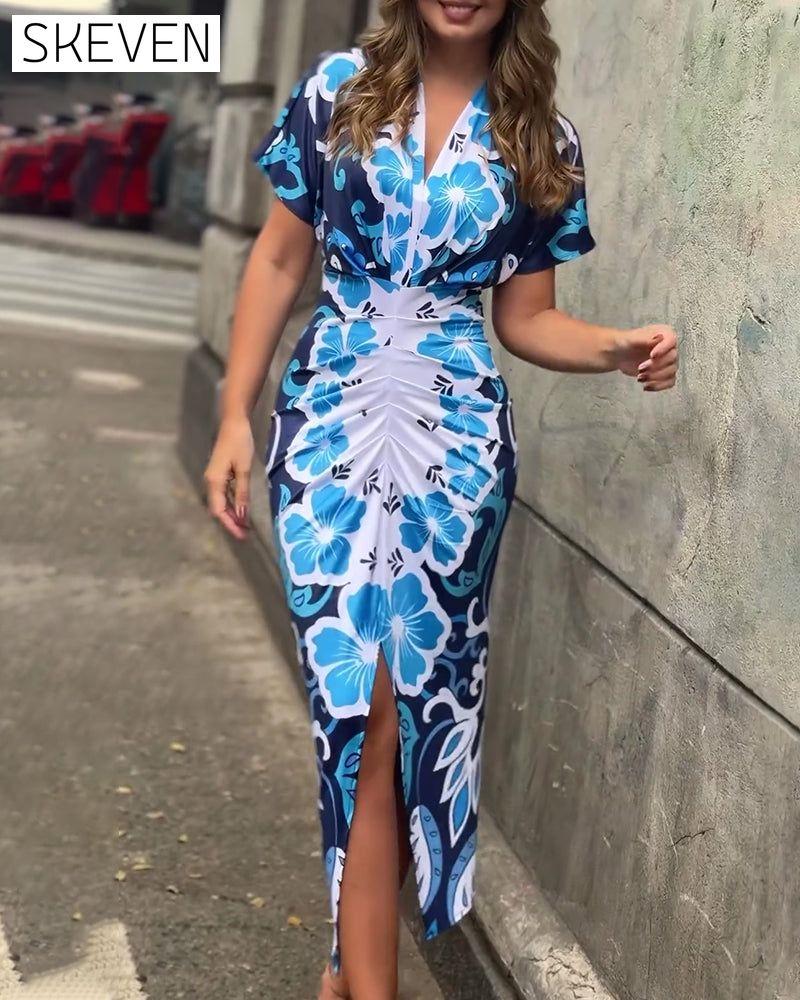 Elegant printed pleated wrap dress 202466 casual dresses summer
