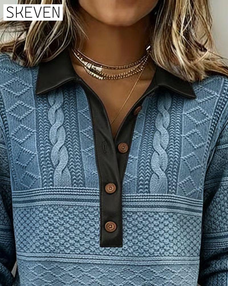 Button-Down Collar Patchwork Sweatshirt