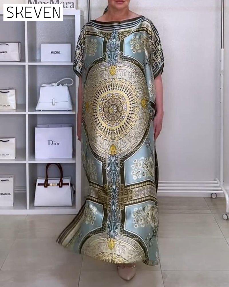 Boho-Kleid mit Print und Schlitz, locker geschnitten