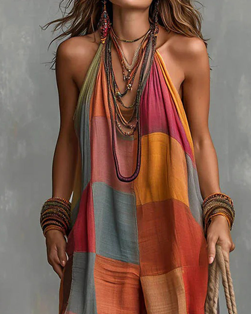 Color-block Halter Neck Wide-leg Jumpsuit