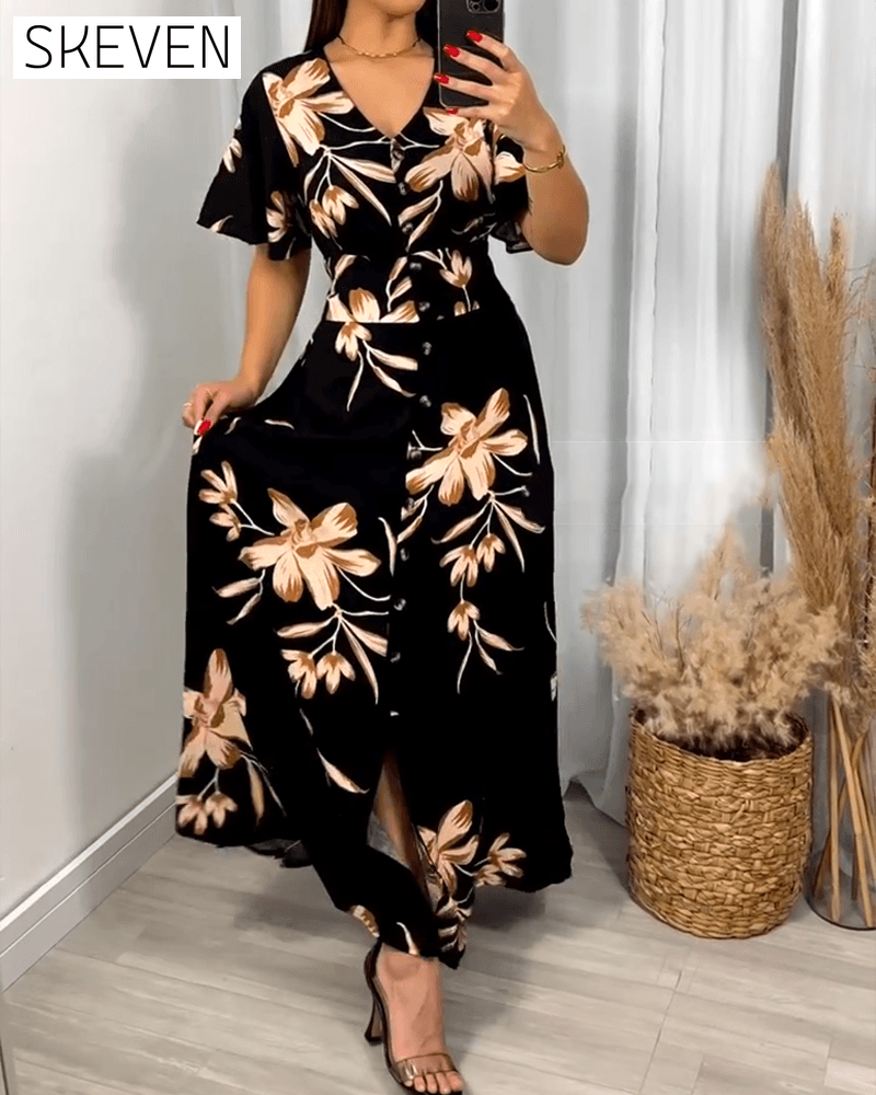 Robe à col V et taille haute à imprimé floral