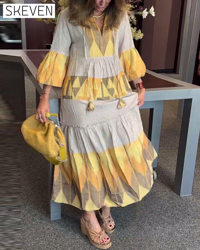 robe ample imprimée à manches cloche et col en V
