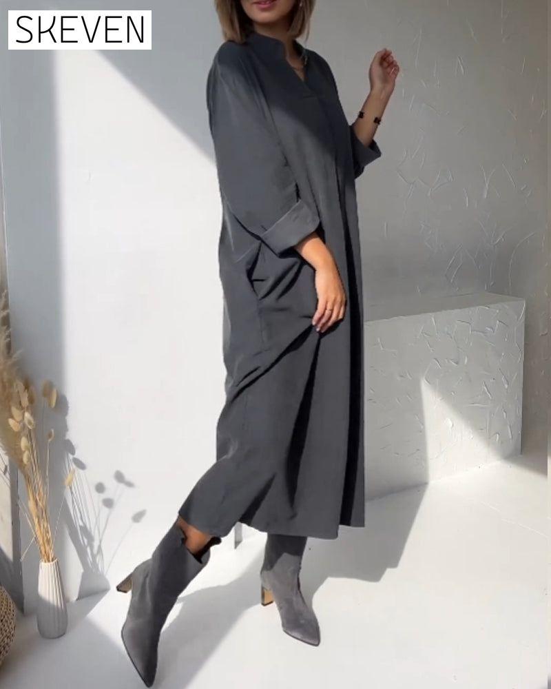 V-neck solid color pocket dress