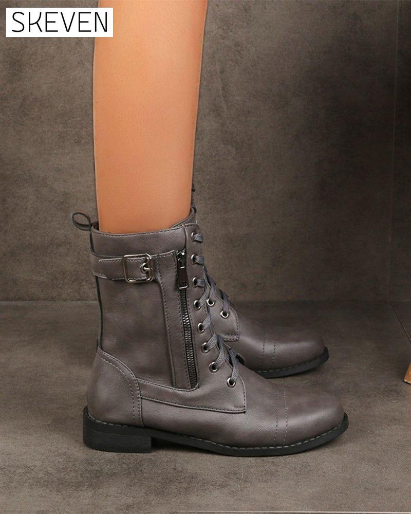 Women's Round Toe Side Zipper Leather Orthopedic Boots