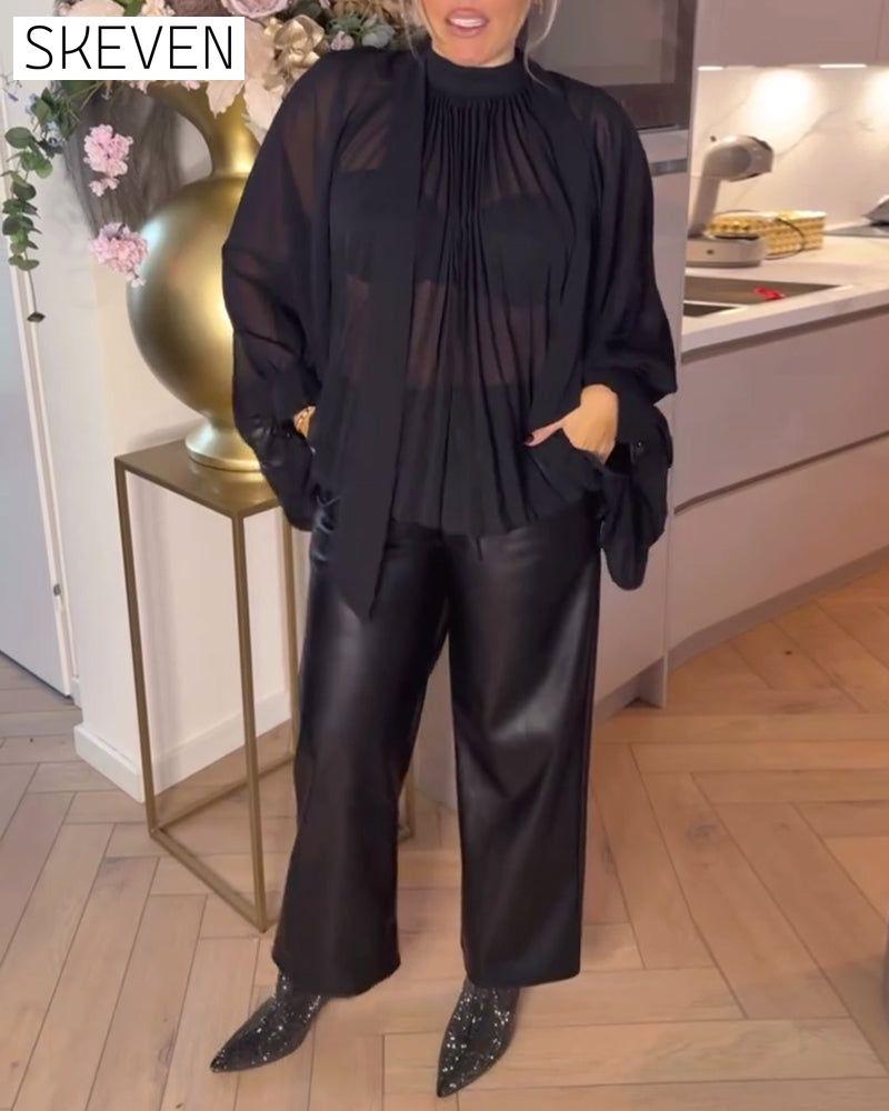 Solid Color Batwing Sleeve Ribbon Blouse