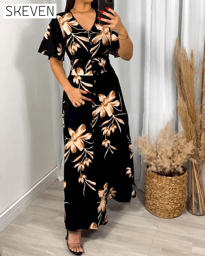 Robe à col V et taille haute à imprimé floral